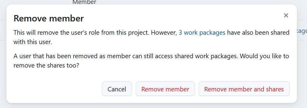 Confirme la eliminación de un usuario con paquetes de trabajo compartidos de un proyecto en OpenProject