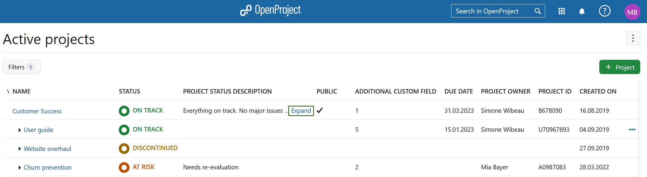Ouvrir une description de projet dans la vue des listes de projets dans OpenProject