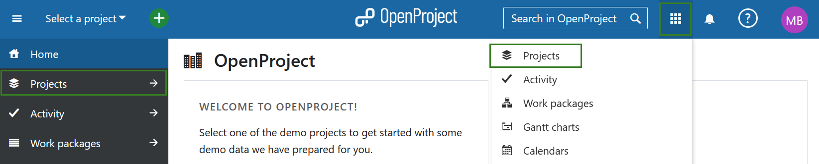 Selecciona todos los proyectos desde el menú de módulos globales en OpenProject