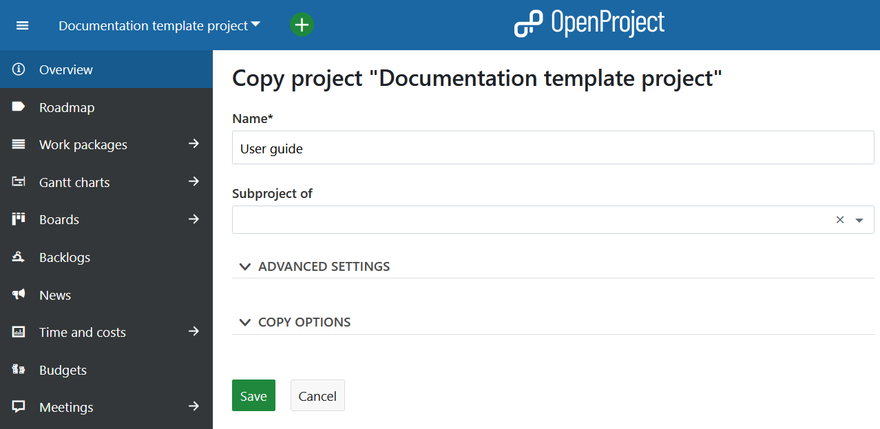 informations des paramètres du projet - copier le projet - options de copie