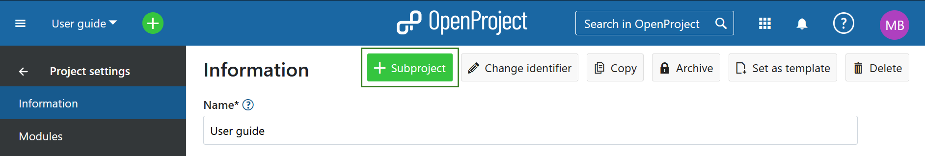 project settings subproject