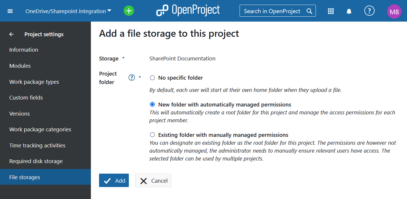 Sélectionnez le type de dossier OneDrive/SharePoint dans OpenProject