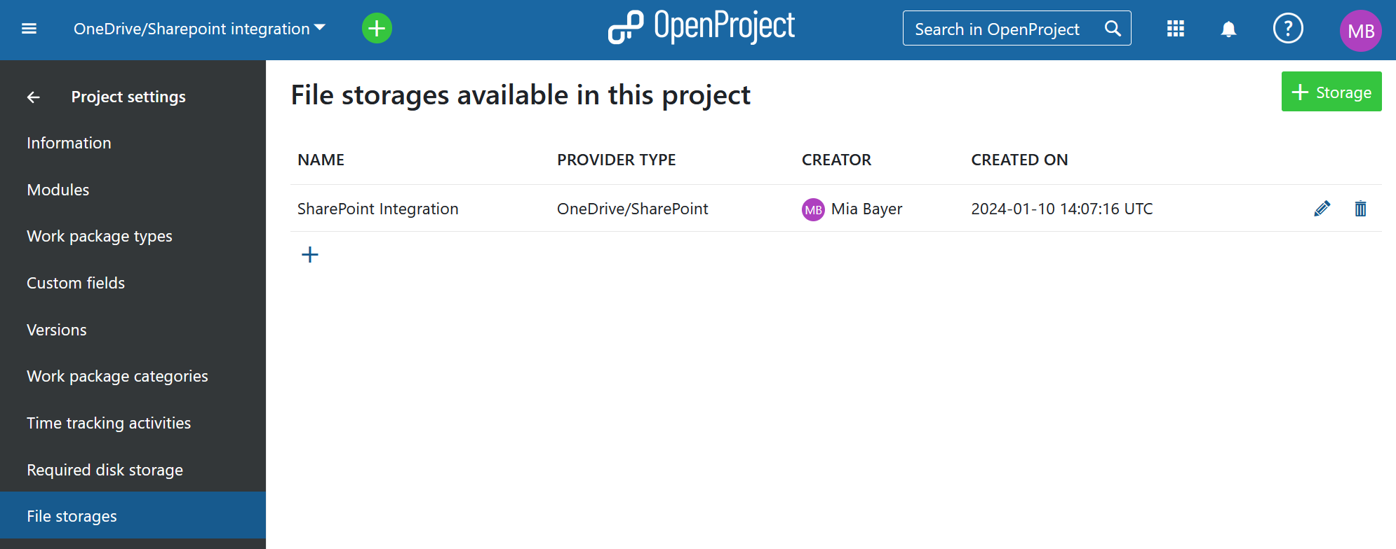 El almacenamiento de archivos SharePoint/OneDrive se añade a un proyecto OpenProject