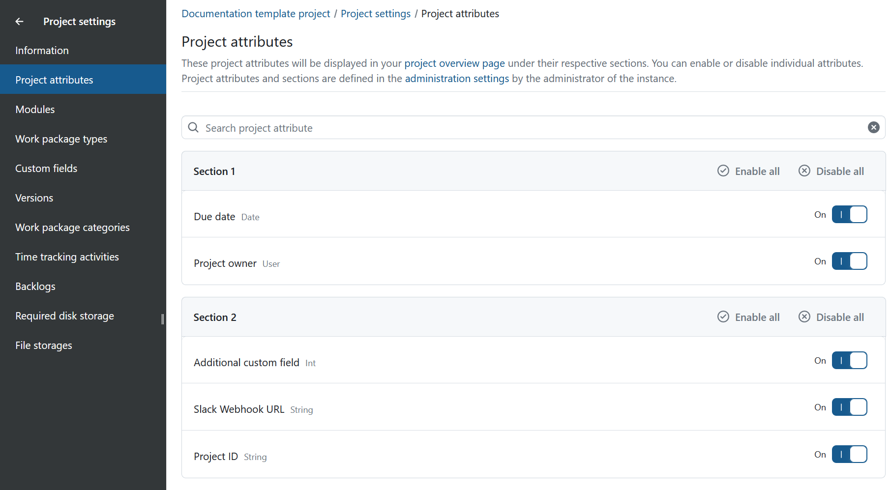 Project attribute list in Project settings