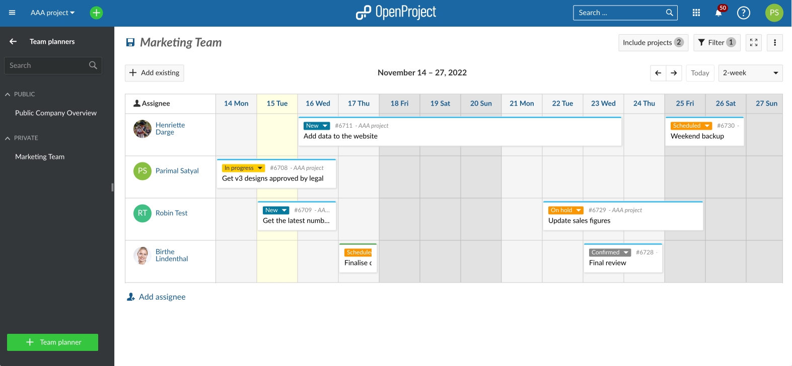 Example team planner showing a two-week view of work packages assigned to team members