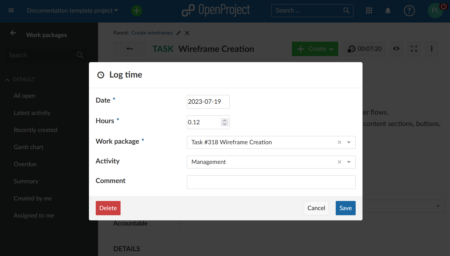 OpenProject stop time tracking button