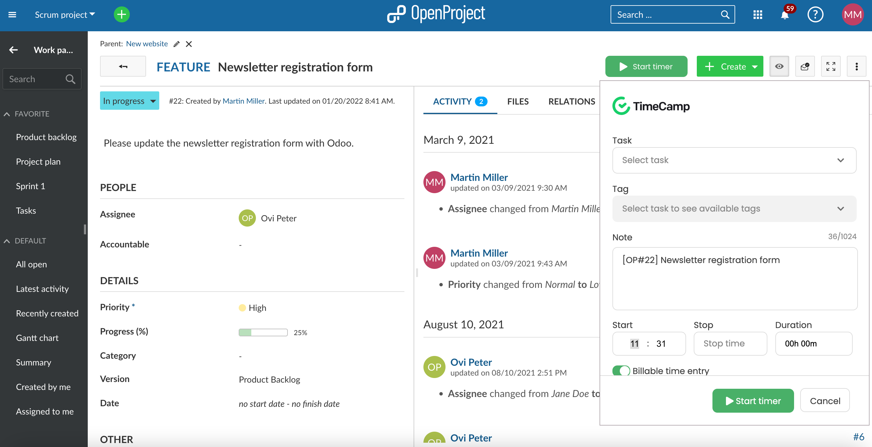 Vista detallada del paquete de trabajo de OpenProject con menú desplegable desde iniciar el temporizador hasta seleccionar el proyecto y la tarea de TimeCamp
