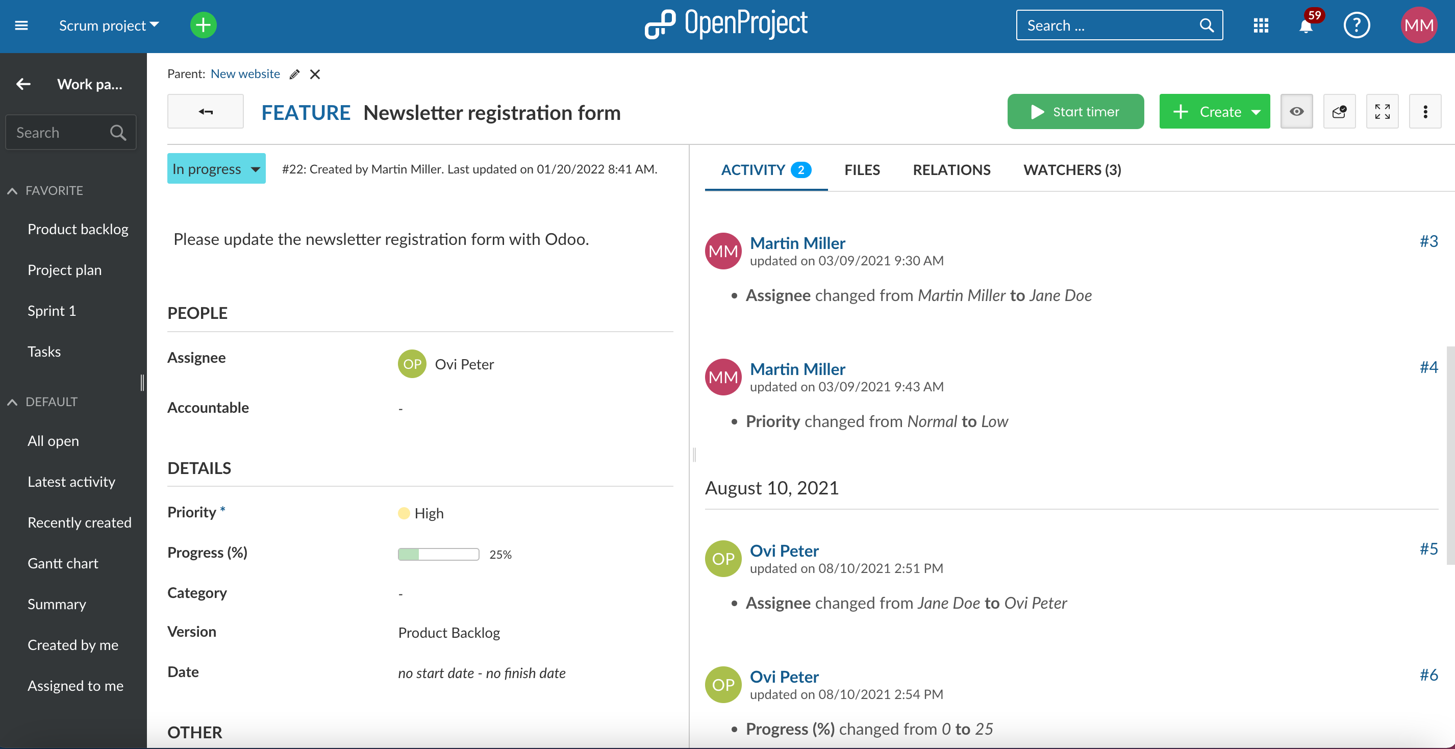 Vista detallada del paquete de trabajo de OpenProject con botón verde de inicio para iniciar el temporizador