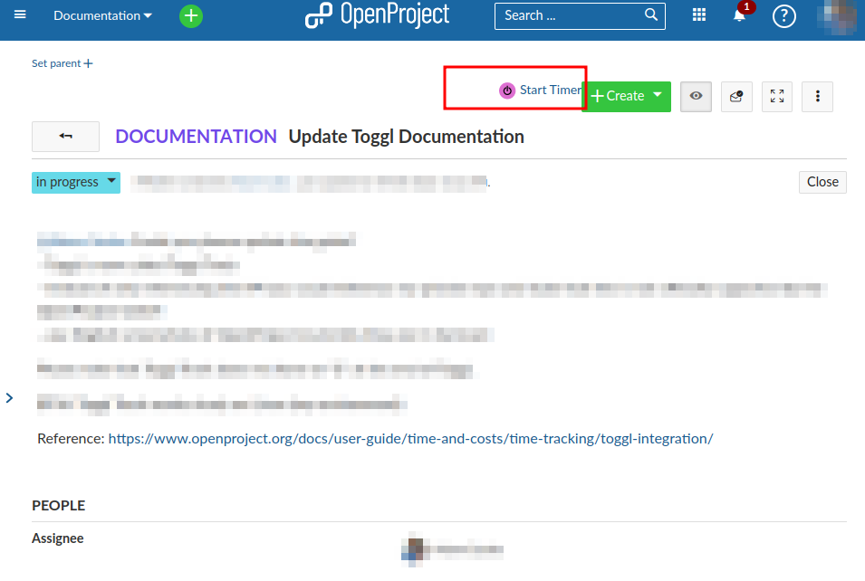 botón toggl vista de detalle de paquete de trabajo de openproject