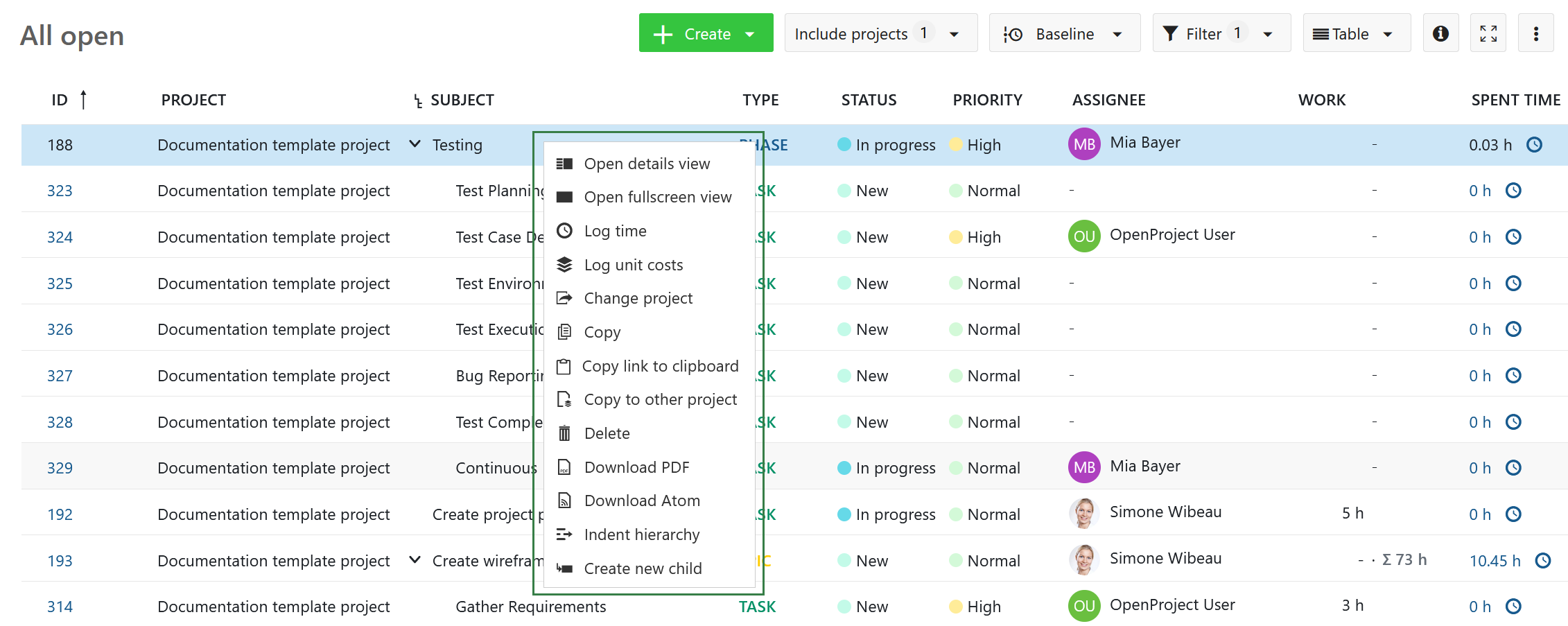 Menú contextual rápido en la tabla de paquetes de trabajo de OpenProject