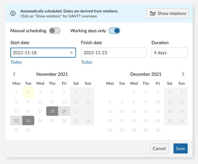 A blue banner informing the user that the worked package is automatically scheduled