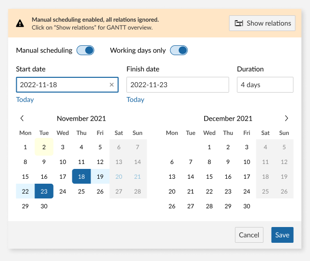 An orange banner warning the user that manual scheduling will ignore existing relations