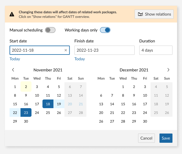 An orange banner warning the user that changing these dates will affect other the dates of work packages