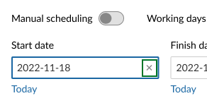A focused date field has an X to clear it