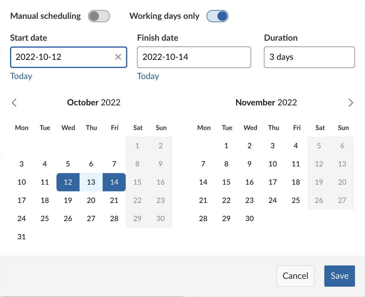 A duration of 3 days automatically derived from the start and finish dates
