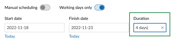 The Duration field is to the right of the Finish date