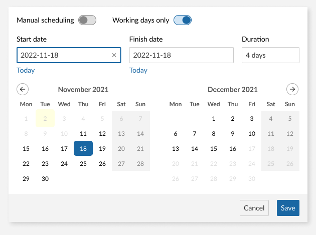 Date picker with the same start and finish dates